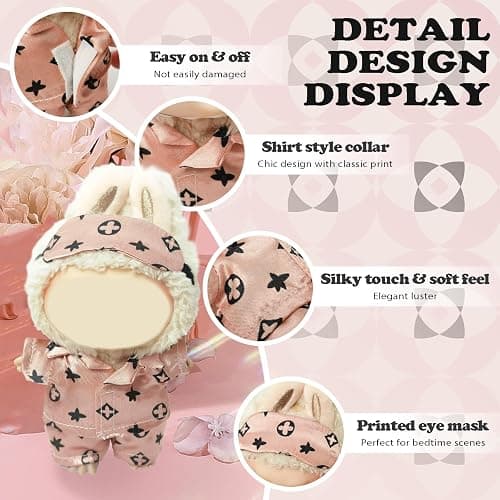 Clothes Compatible with LABUBU Doll - 3PCS Classic Set, 17cm Doll Clothes Designer Outfit for Cozy Night Theme, Stylish Luxury Pajama Accessories for Labubu, No Doll (Rosy Sleepwear Set) thumbnail 6