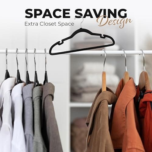 Our Modern Space 200 Pack Velvet Hanger for Shirt Pants Dresses Skirts Suits Jackets - Slim Space Saving Design - Standard Coat Hanger - Sturdy & Durable Design with Shoulder Grooves Hook thumbnail 5