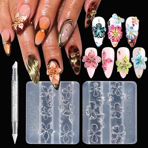 2PCS 3D Flowers Nail Art Silicone Mold, Spring Summer Hibiscus Flowers Blossom Petal Carving Template Resin Craft Making Tool Mould with Sculpture Pen for DIY Manicure Decorations Accessories - Image 1