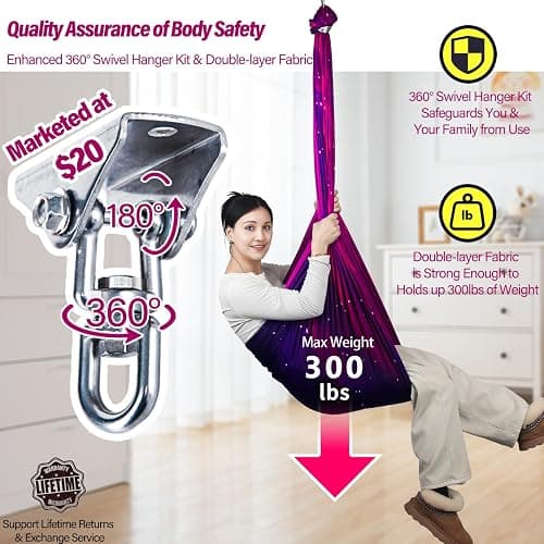 Sensory Swing for Kids & Adults Holds up to 300lbs Indoor & Outdoor Double Layer Therapy Cuddle Swing with 360° Swivel Hanger Kit for Calming, Effect for Autism, ADHD or SPD. (Galaxy Purple) thumbnail 3