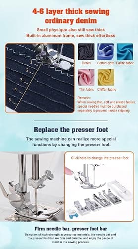 Marirao Sewing Machine for Beginners with 50 Pcs Fabric and 32 Pcs Sewing Threads Kit, Small Portable Mini Sewing Machine 12 Built-in Stitches 2 Speed with Foot Pedal thumbnail 5