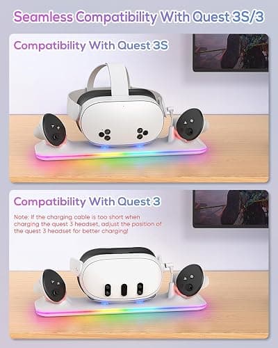 Charging Dock for Meta Quest 3S/3, Kinwin Magnetic Charging Station for Oculus Quest 3S/3 Accessories with RGB Light, Charging Stand for VR Headset and Controller with 2 Rechargeable Batteries (White) thumbnail 2