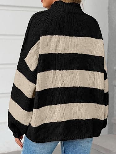 Saodimallsu Womens Oversized Striped Sweater Mock Neck Chunky Knit Lantern Long Sleeve Fall Trendy Tunic Sweaters Top thumbnail 5
