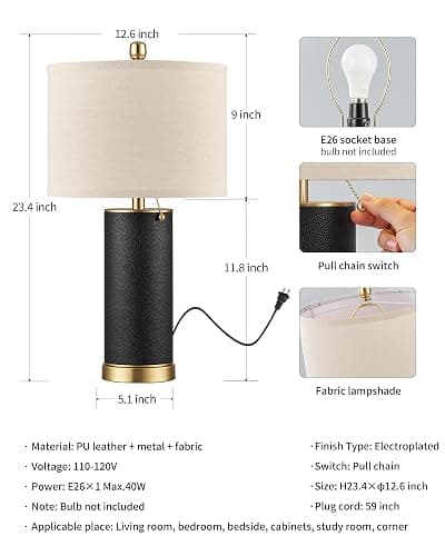 KDG 23.4" Black PU Leather Table Lamps for Living Room Set of 2, 3 Level Brightness LED Modern Home Decor Fabric Lampshade Desk Lamp Lighitng for Bedroom, Bedside, Farmhouse, Nightstand, Night Light thumbnail 5