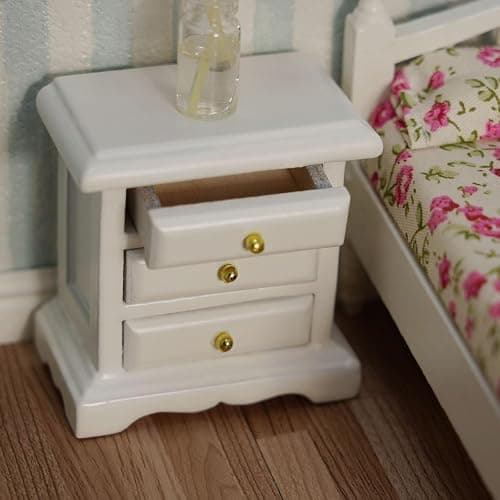 Miniature Bedside 1:12 Furniture Dollhouse Nightstand Bedroom Drawer Cabinet Model Accessories Mini House Scene Building Tabletop Decorations (White) thumbnail 2
