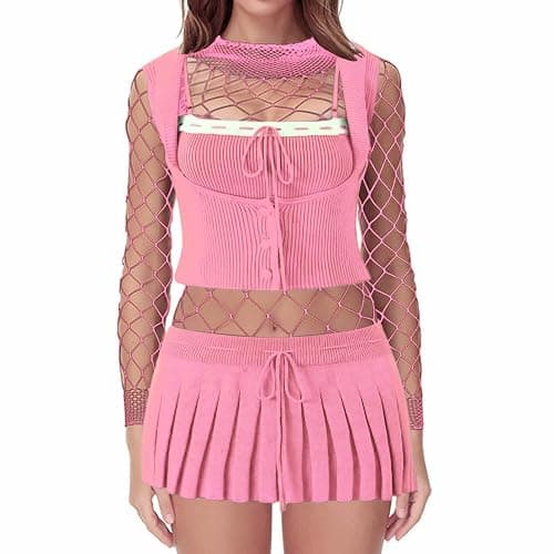 Tosmifairy Fishnet Bodysuit Top for Women Stretch One Piece Long Sleeve Mesh Rave Romper Body Suit - Pink thumbnail 6