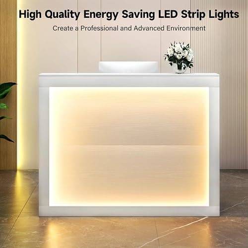TC-HOMENY Reception Desk with LED Lights, 55'' Retail Counter Modern with Storage Shelves and Cable Grommet, Front Table, Salon Desk, Office Table,White thumbnail 4