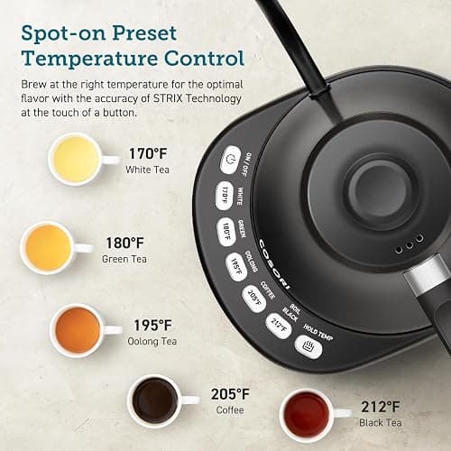 COSORI Electric Gooseneck Kettle with 5 Temperature Control Presets, Pour Over Kettle for Coffee & Tea, 1200W Quick Heating, 100% Stainless Steel Inner Lid & Bottom, 0.8L Tea Kettle, Matte Black - Gooseneck Kettle Black - Matte Black - 0.8 Quarts thumbnail 2