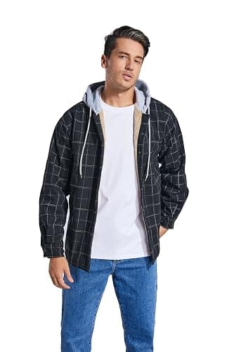 Derbars Men's Cotton Plaid Shirts Jacket Fleece Lined Flannel Shirts Sherpa Button Down Jackets with Hood for Men thumbnail 4