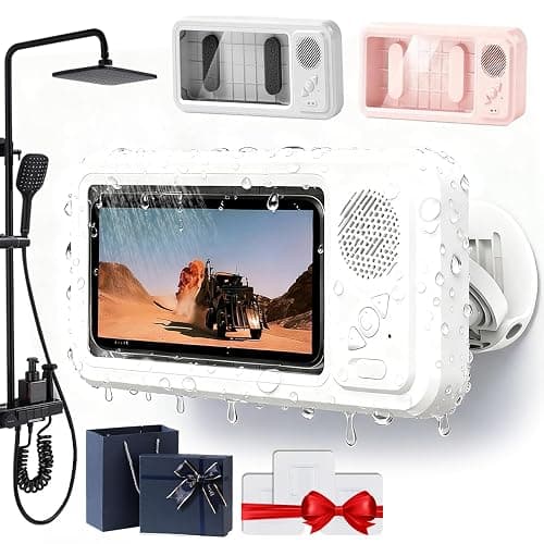 2026New Waterproof Phone Holder with Speaker, Shower Phone Holder Waterproof - Built-In Smart Bluetooth Speaker,Fog-Resistant Bathroom Wall Phone Mount for Any Phones Secure Attachment Surface (White) - Image 1