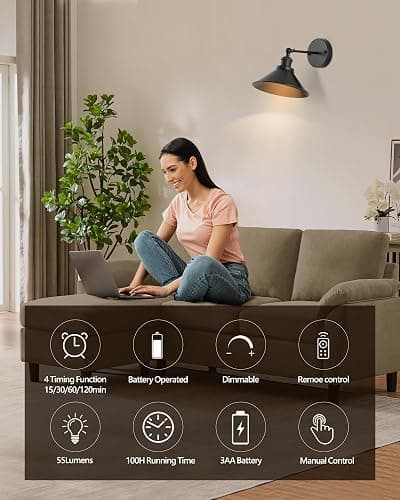Bailoch Black Vintage Wireless Battery Operated Wall Sconces, Industrial Cordless Battery Powered Led Wall Lights Set of 2, Wall Lamp Fixture Indoor with Remote Control for Bedroom Farmhouse Gallery thumbnail 5