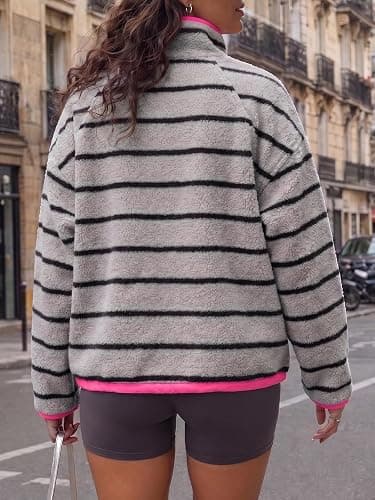 Fisoew Womens Fleece Sweatshirt Quarter Zip Pullover Winter Warm Coats | Oversized, Stand Collar, Striped, Side Pockets, Comfy, 2026 Trendy, Y2k thumbnail 4