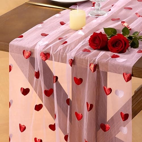Gold Gauze Table Runner Red Heart Sheer Romantic Wedding Party Table Decor | Pink Sequin Glitter Metallic Foil 10FT Chiffon Cheesecloth Dining Wedding Birthday Baby Shower Holiday Decorations - Image 1