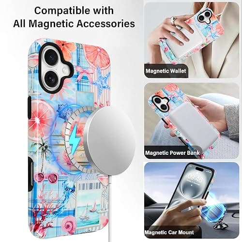 KANGHAR Summer Phone Case for iPhone 16 Plus [Compatible with MagSafe], Cute Aesthetic Coastal Beach Seashell Coquette Collage Design, 2-Layer Hybrid Shockproof Protective Cover for Women Girls thumbnail 3