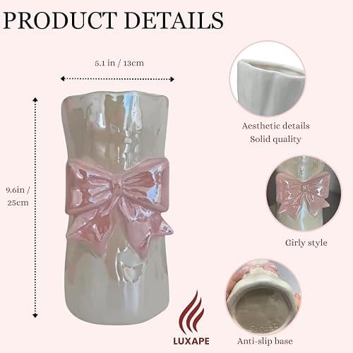 Bow Flower vase, Bow vase for Flowers, Pink Bow Ceramic Vase – Cute Vase with Shiny Glaze, Modern vase Decor (Pink Bow) thumbnail 4