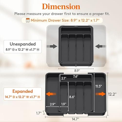Lifewit Cutlery Organizer, Expandable Utensil Organizer for Kitchen, Utensil Holder, Adjustable Cutlery Tray Drawer Organizer for Spoons, Knives, Kitchen Organizers and Storage, Black thumbnail 2