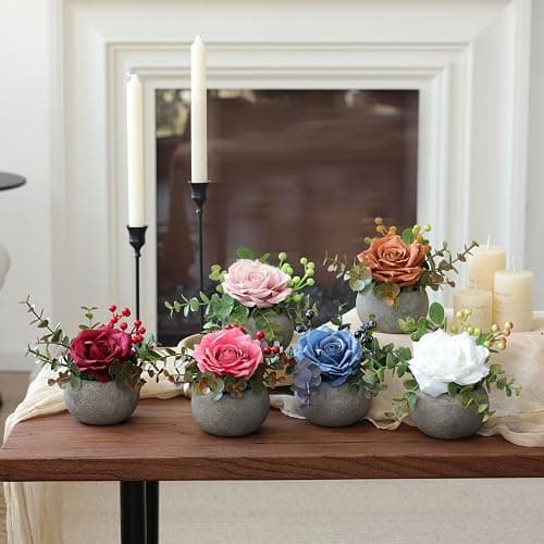 mizii DIY Small Artificial Flowers Potted Kit Fake Flower Realistic Silk Rose and Greenery with Vase for Gifts Table Centerpiece Mantle Office Desk Shelves Living Room Decorations (Pink) thumbnail 6