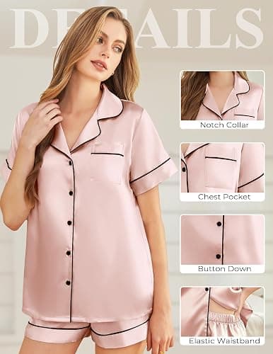 SHEFOTY Silk Pajamas for Women Short Sleeve Sleepwear Soft Button Down Loungewear 2 Piece Satin Pjs Shorts Set S-XXL thumbnail 5