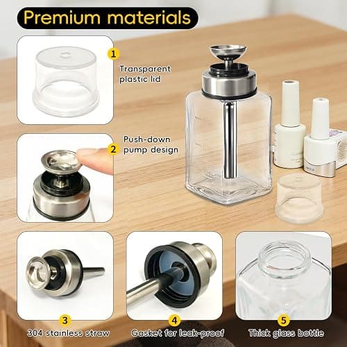 ffresiss Acetone Pump Dispenser with Transparent Lid, Alcohol Dispenser Push Down Metal Pump Glass Bottle, Nail Polish Remover Liquid Pump Hand Pumping Rubbing Press Container 6oz Small Pump Bottle thumbnail 3