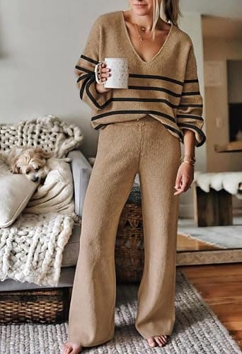 Fixmatti Women 2 Piece Knit Set Long Sleeve Pullover Sweater Top Wide Leg Pant Sweatsuit Outfits thumbnail 2
