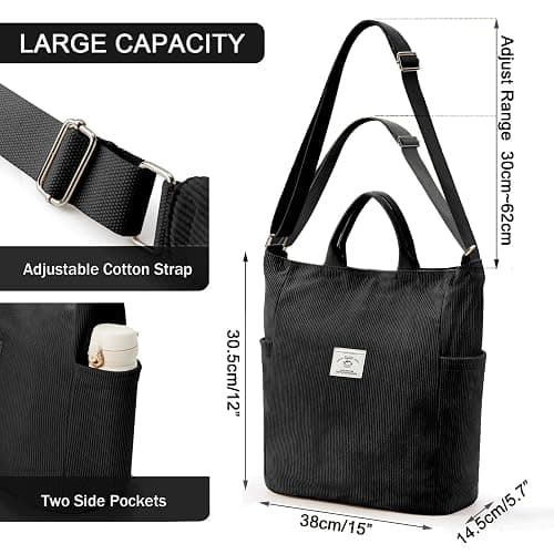 KALIDI Corduroy Tote Bag, Large Slouchy Hobo Messenger Crossbody Bag | Anti Splash Zipper Side Pockets Shoulder Bag Adjustable Strap Lightweight Casual Work Shopping Women thumbnail 7