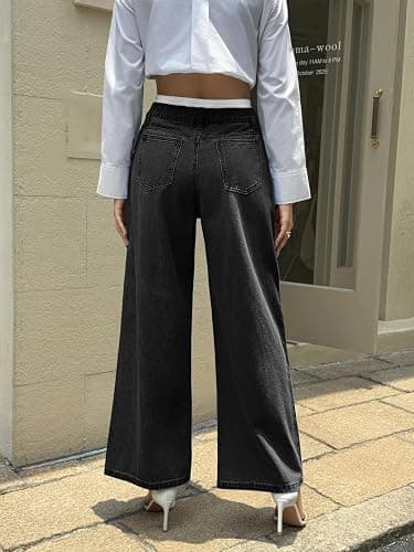 Cicy Bell Womens Wide Leg Jeans High Waisted Drawstring Color Block Patchwork Baggy Loose Y2K Denim Pants with Pockets thumbnail 5