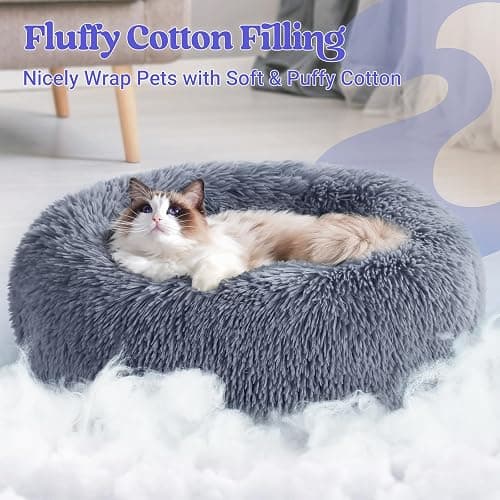 rabbitgoo Cat Beds for Indoor Cats, 20 inches Cat Bed Machine Washable, Fluffy Round Pet Bed Non-Slip, Calming Soft Plush Donut Cuddler Cushion Self Warming for Small Dogs Kittens, Dark Grey, Medium thumbnail 3
