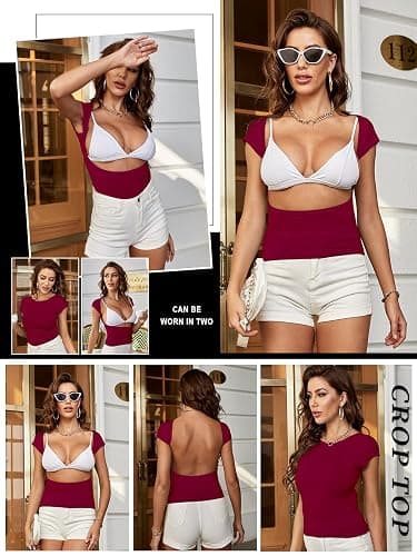 ForeFair Women Sexy Backless Short Sleeve Slim Fit Crewneck Summer Casual Y2K Crop Tee thumbnail 4