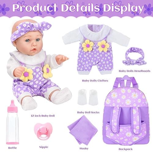 12" Flower Pattern Baby Doll With Backpack Carrier Clothes and Accessories | 12 Inch Baby Dolls Set In Gifts Box With Hanky Pacifier Bottle Pretend Baby Care Interactive Toy For Girl Child Toddler 3+ thumbnail 7