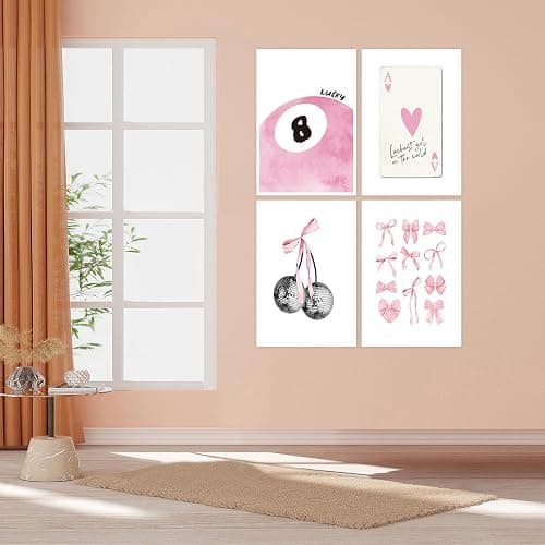 Set of 4 Pink Canvas Wall Art Coquette Room Decor Aesthetic Canvas Wall Art Set Of 4 Preppy Pink Bow Heart Ace A Poker Pictures Girly Cute Posters Coquette Wall Decor 8x10in Unframed thumbnail 6