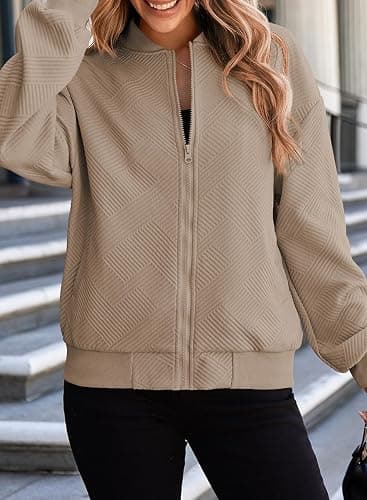 EVALESS Womens Bomber Jacket Coat Casual Stand Collar Zip Up Lightweight Fall Fashion Jackets Outfits with Pockets thumbnail 2