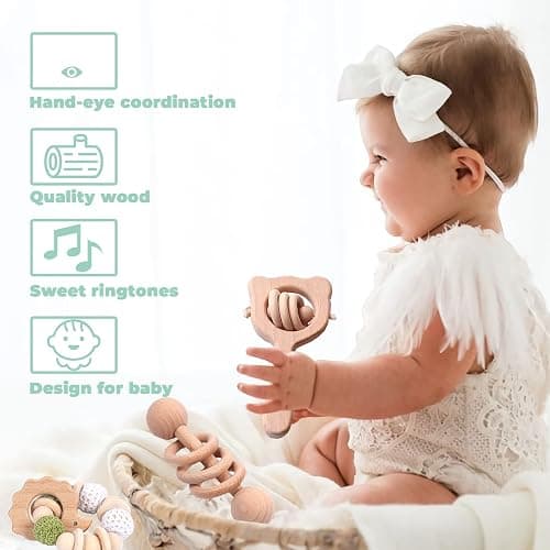 6 Pieces Toy Set- Wooden Baby Toys for Babies 0-6 Months,Wooden Toys for Babies Rattles with Bells,Wooden Rattles Push Car,Wood Rattle Toys Gifts for Boys Girls,Montessori Toys for Babies 0-6 Months thumbnail 3
