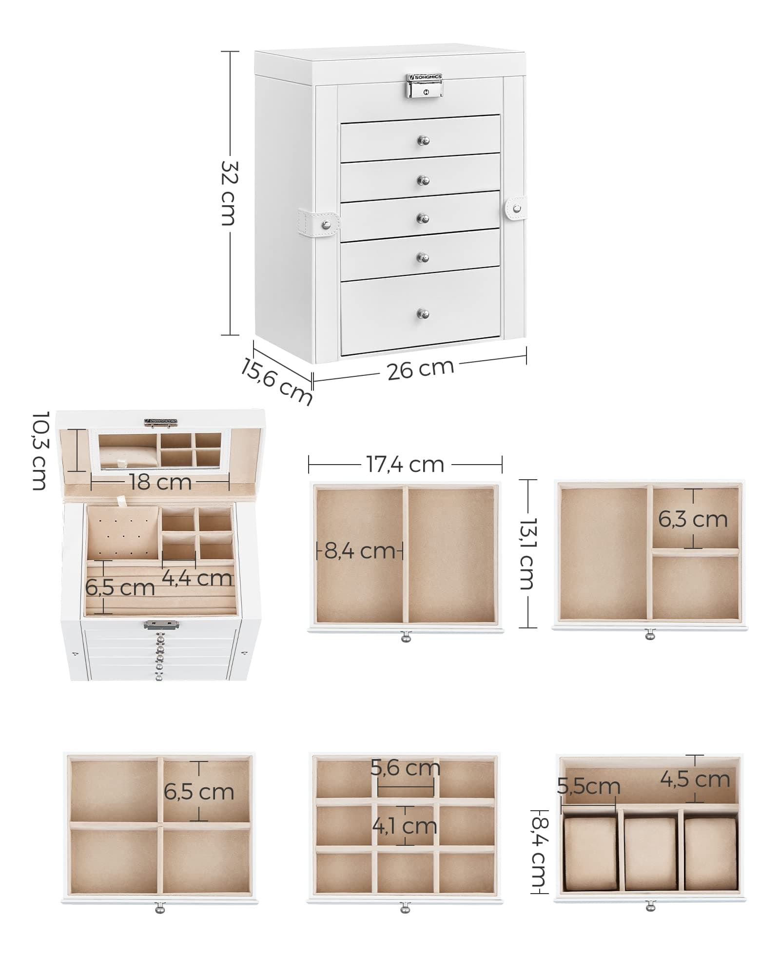 SONGMICS Caja para Joyas de 6 Niveles, Caja Joyero con 5 Cajones, Espejo, Cerradura, Superficie Blanco Nube y Forro Beige Arena MJBC152W01 thumbnail 6