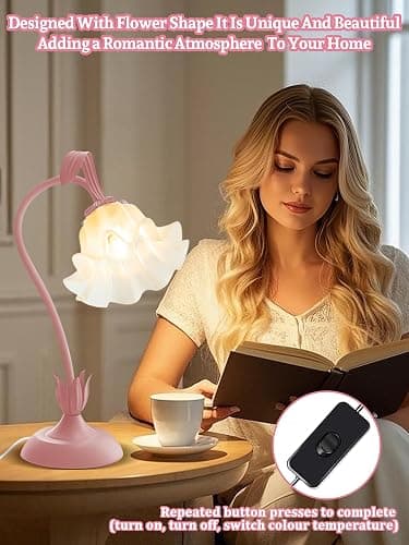 Flower Table Lamp Bedside Lamps LED Reading Light,3 Color Modes Cute Small Lamp,Vintage Flower Lamp Nightstand Lamp Kawaii Table Lamp for Bedroom Living Room Office Dorm Desk Home Decor (pink lamp) thumbnail 2