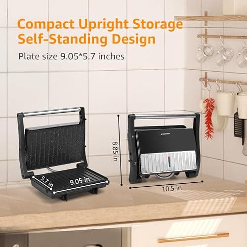 Panini Press Grill, Aigostar 1000W Sandwich Maker with Ceramic Non-stick Plates, Opens 180 Degrees for Any Size Food, 3-in-1 Sandwich Press Electric Grill, Drip Spout & Locking Lid, Sliver thumbnail 8