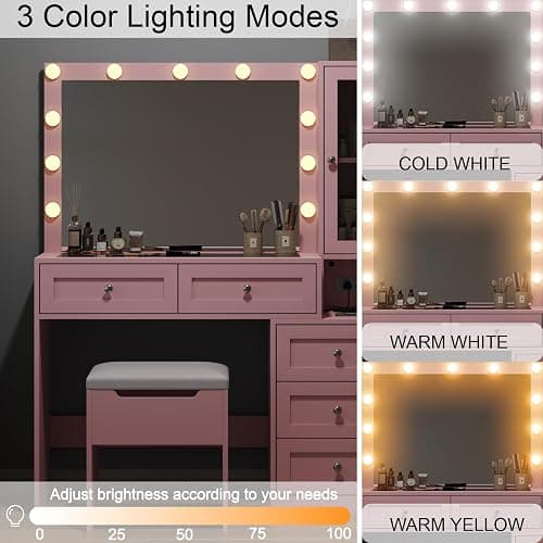 CollaredEagle 43" W Vanity Desk with Mirror & 11 Lights, 5 Drawer Modern Makeup Desk with Glass top & Cushioned Stool, 3 Lighting Modes Brightness Adjustable,Power Outlet,Bedroom, Pink thumbnail 7