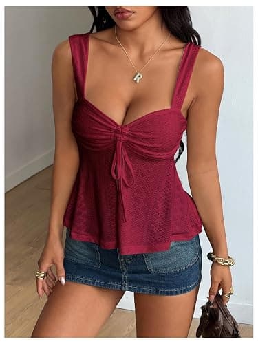 Milumia Women's Eyelet Tie Front Ruched Tank Tops Y2k Going Out Peplum Top | Babydoll, Sexy Slim Fit, Sleeveless, Flowy, Summer, Beach Vacation Outfits, Country Concert thumbnail 6