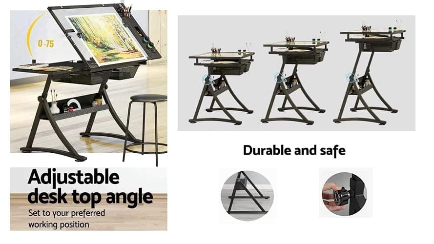 Landpink Glass Drafting Table Art Desk – Adjustable Professhional Artwork Drawing Drafting Table Desk, Glass-Topped Art Table for Craft Station Studio Home Office School w/Drawers (Black) thumbnail 3