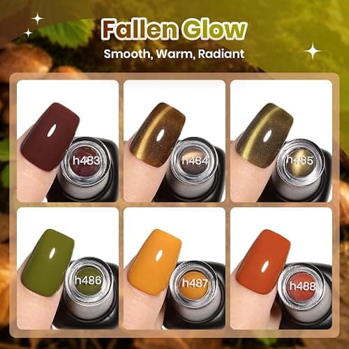 Beetles Fall Gel Nail Polish Set, 6 Burgundy Brown Olive Mustard Orange | 6 Warm Autumn Shades, Cat Eye Solid Color Gel Polish for Soak Off UV Led Manicures thumbnail 4