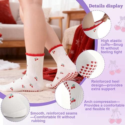 scenicamp 5 Pairs Cute Pilates Socks for Women, Ruffle Frilly Yoga Socks Non Slip Cotton Crew Socks with Embroidery Pattern thumbnail 4