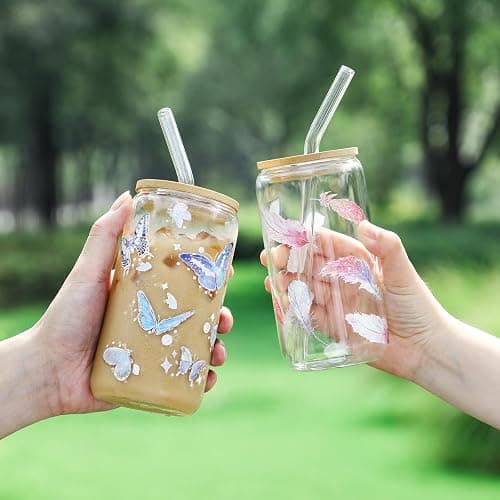 2 Pack Glass Cups with Bamboo Lids and Straws 16 oz, Gifts for Women, Drinking glasses set, Iced Coffee, Tea Cup, Cute Aesthetics Tumbler Cup, Mothers Day, Birthday Gifts for Her Mom thumbnail 2