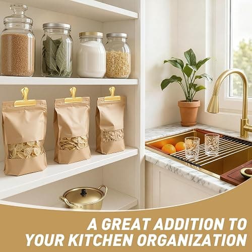 Funfery Gold Chip Clips Bag Clips Large Stainless Steel Clip for Food Storage,Air Tight Seal Chip Bag Clip 3 Inch Strong Food Clipp for Snack,Chips,Kitchen Decor,Home&Office Paper Heavy Duty-8 Pack thumbnail 3