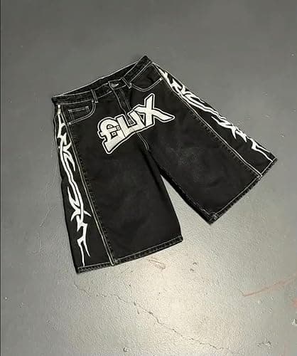 Wide-leg pants，Fashion clothes, Letter Print Baggy Denim Shorts Mens Vintage Zip Up Wide Leg Shorts Fashion Jorts Men Clothing thumbnail 5