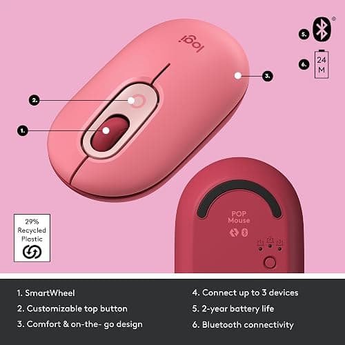Logitech POP Mouse, Wireless Mouse with Customizable Emojis, SilentTouch Technology, Precision/Speed Scroll, Compact Design, Bluetooth, Multi-Device, OS Compatible - Heartbreaker Rose thumbnail 6