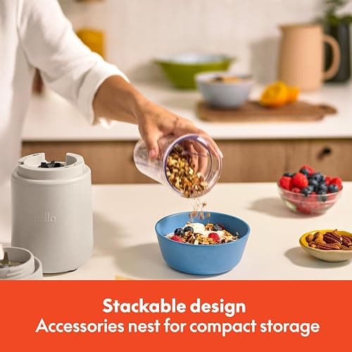 bella 6 Pcs Portable Rocket Blender, Juicer & Smoothie Maker, Press & Twist Design, EverGood™ & BPA Free Dishwasher Safe Parts, 4 Tip Stainless Steel Blade, Cord Wrap, 240 Watt Motor, Oatmilk thumbnail 2