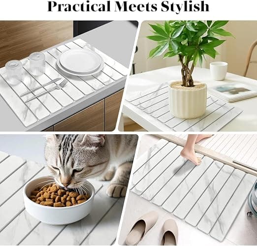Large Stone Dish Drying Mats for Kitchen Counter, Quick Dry Dish Drying Mats, Foldable Absorbent Diatomaceous Earth Mats for Dishes Cups, Match Any Countertop (24"×16" & 8"x4" White Marble ) thumbnail 7