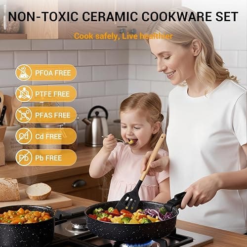 Ammeloo 21 Pcs Pots and Pans Set Non Stick, Ceramic Kitchen Cookware Set with Detachable Handle, Non Toxic Cooking Set for Kitchen, RV, Camping and Fridge, Induction Ready, Dishwasher/Oven Safe, Black thumbnail 3