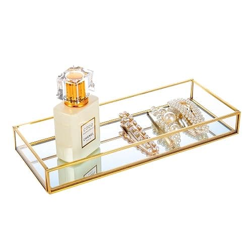 Feyarl Gold Clear Glass Vanity Tray Jewelry Trinket Rings Earrings Organizer Perfume Collection Display Decorative Tray Anti-Mirror Surface for Dressr Room Drawer Office Tabletop (9.84 x 3.93inch) - Image 1
