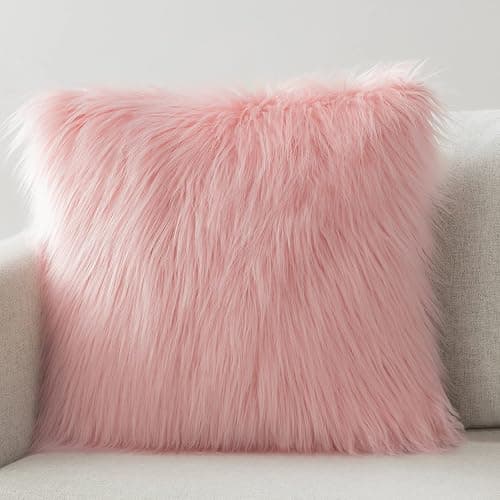 Phantoscope Faux Fur Solid Decorative Pillow Cover Fluffy Throw Pillow Mongolian Luxury Fuzzy Pillow Case Cushion Cover for Bedroom and Couch,Pink 18 x 18 Inches - Image 1