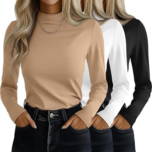 Ficerd 3 Pack Women's Mock Turtleneck Shirts, Long Sleeve Mock Neck Pullover Tops Slim Fitted Stretch Undershirt Tee Blouse - Image 1